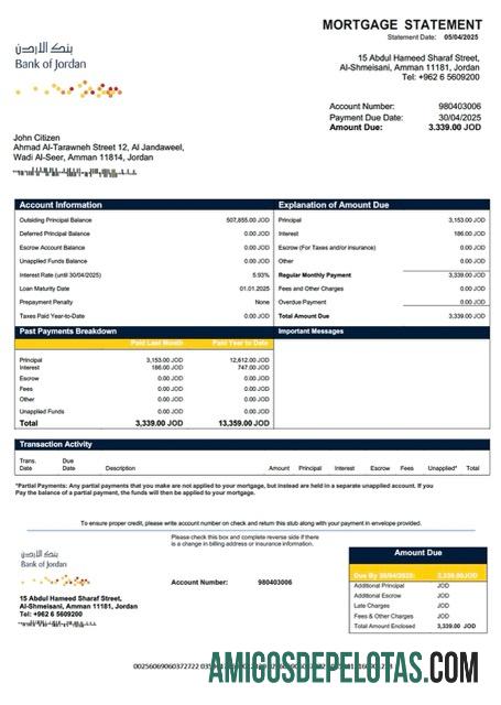 realista Modelo Word e PDF de declaração de hipoteca do Jordan Bank Of Jordan